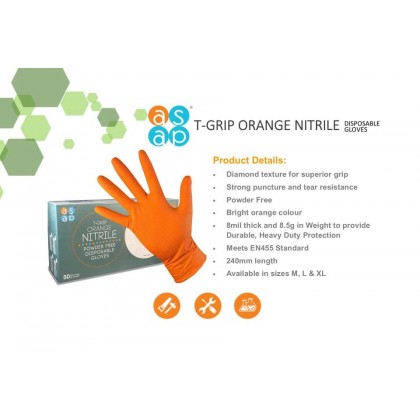 ASAP T-Grip Orange Nitrile Powder Free Mechanical Working Gloves (50's per box)