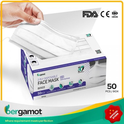 Bergamot 2 Ply Non-woven Disposable Face Mask Earloop 50's (White)